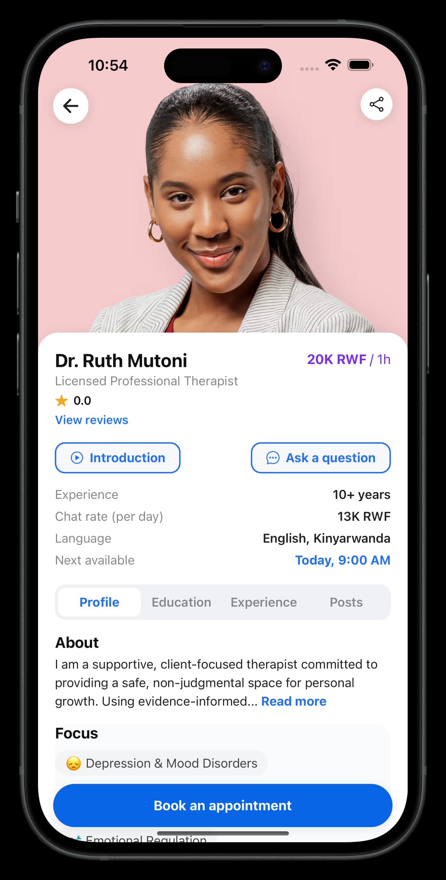 Therapist profile in the BoraSpace app